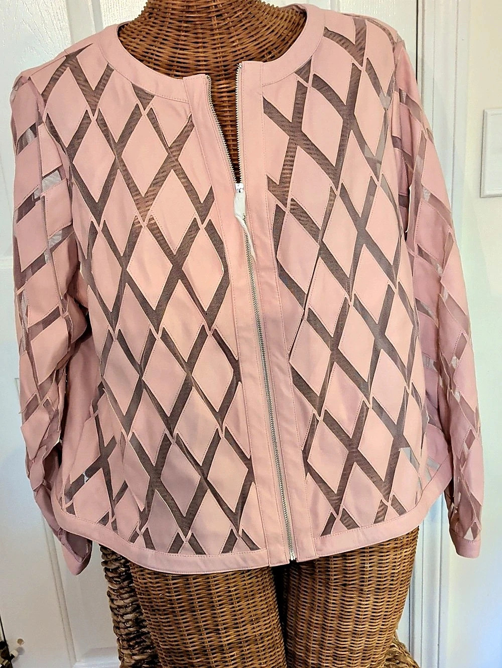 Colleen Lopez Faux Leather and Mesh Diamond Jacket Pink & Gray 1X